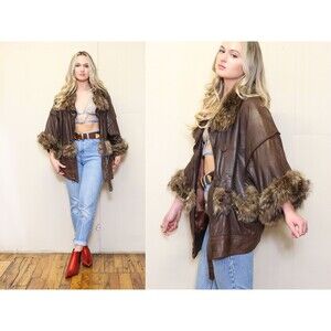 Vintage 70s Brown Leather Real Fur Shearling Aviator Batwing Jacket Free Size